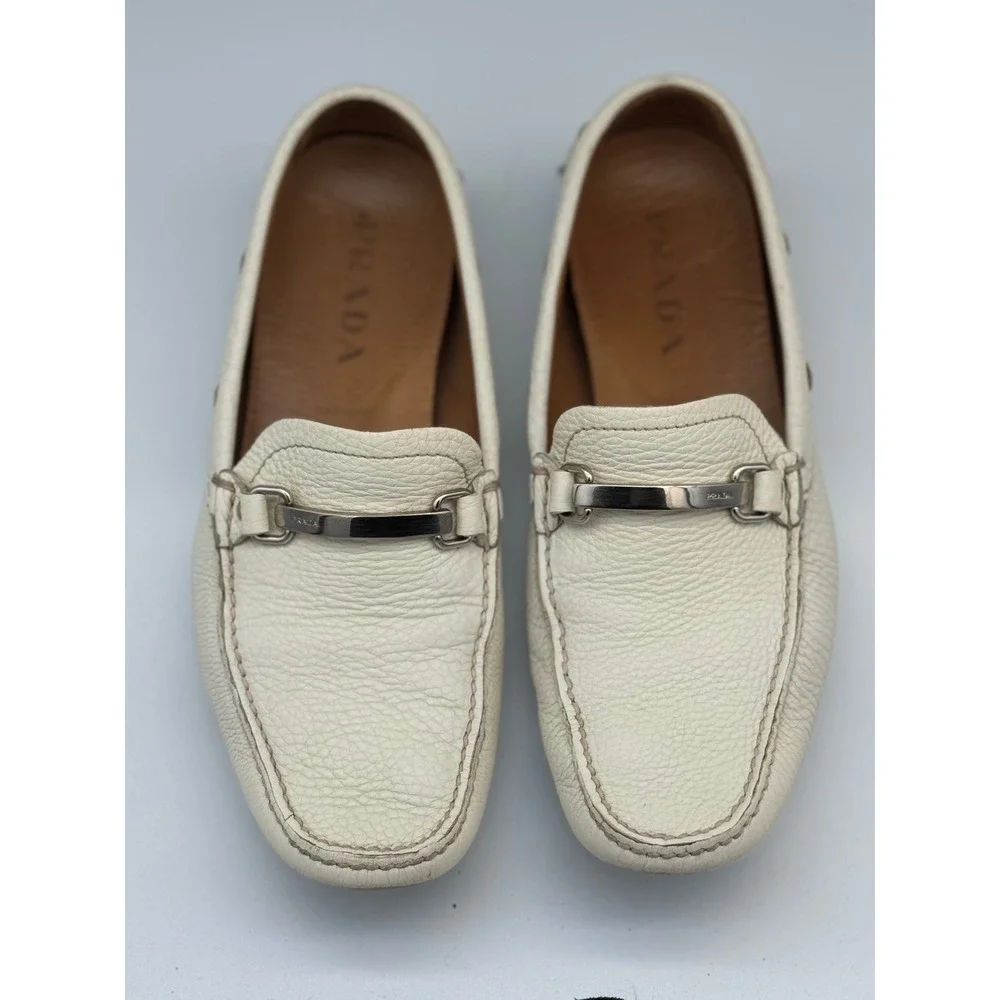 Authentic Prada White Pebbled Leather Driving Loafers Moccasins Men's UK 7 US8